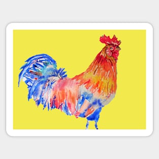 Rooster Chicken Watercolor Painting on Yellow Sticker